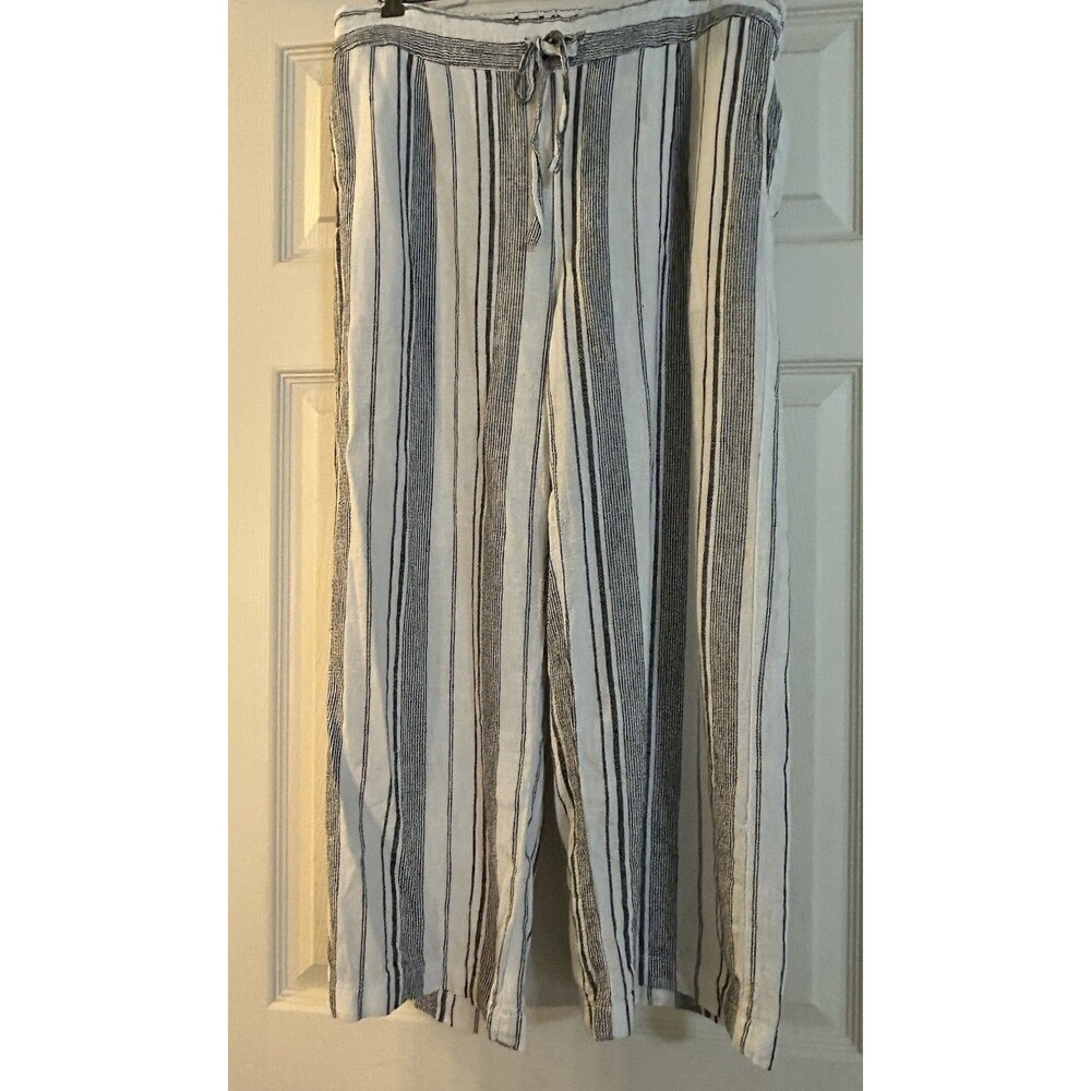 Per Se White And Black Striped Linen Crop Wide Leg Pants Women M Breezy Classic